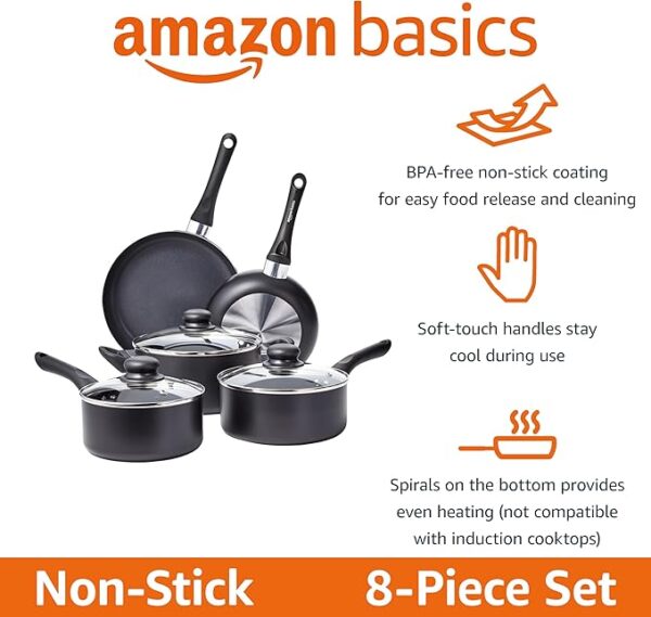 Amazon Basics Durable Non-Stick Cookware Set, Pots and Pans, 8-Piece, Black - Image 2